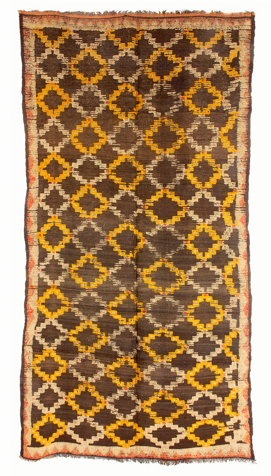 Vintage-Kelim K14 mit gelben Rauten, 270 × 140 cm – Dunkelbraun, Gelb und Creme mit warmen Randakzenten