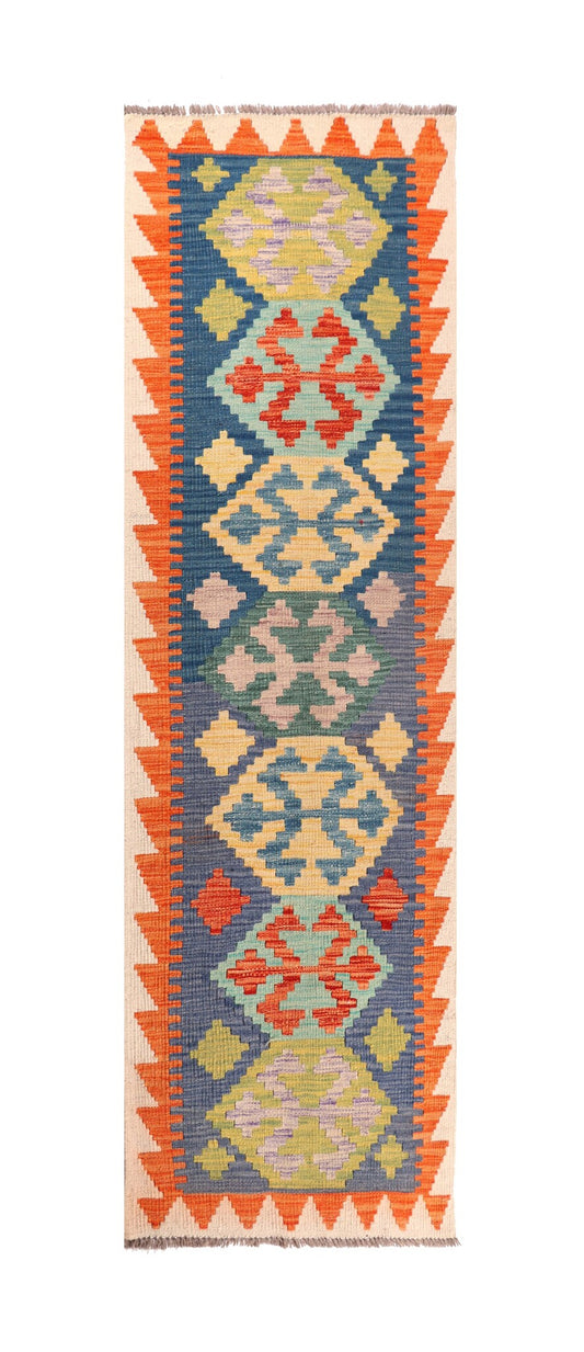 Kelim Läufer Blau-Orange mit Medaillons – 198 × 64 cm – Gesamtansicht