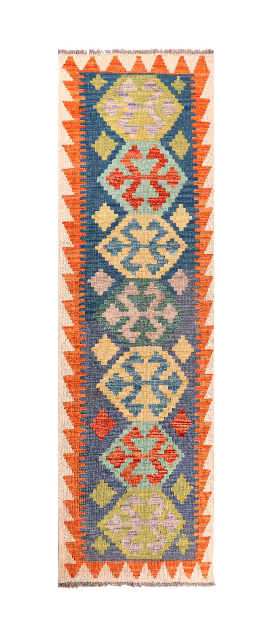 Blue and Orange Medallion Kilim Runner, 198 × 64 cm — full view