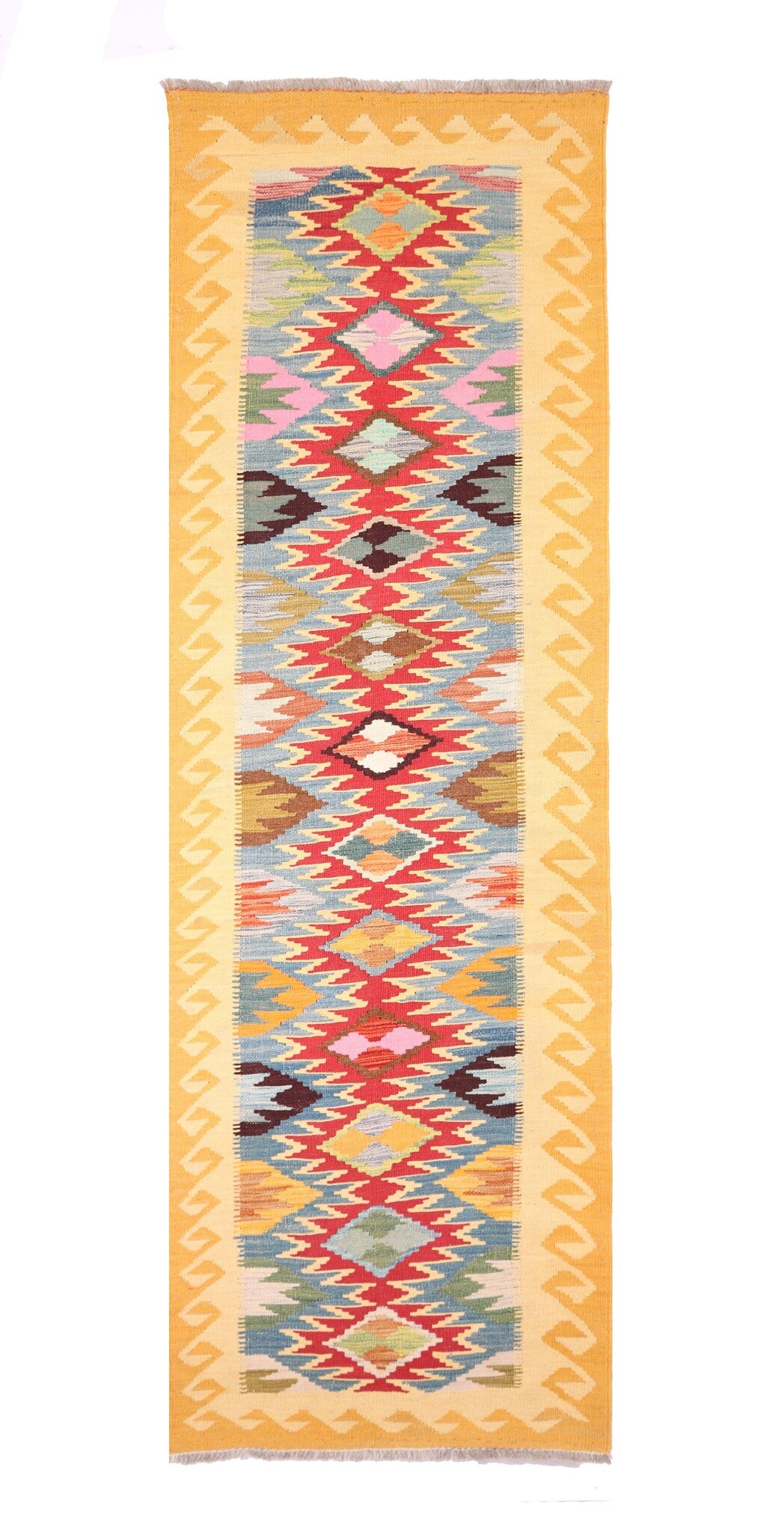 Kelim Läufer Gelb mit bunten Rauten – 302 × 83 cm – Gesamtansicht