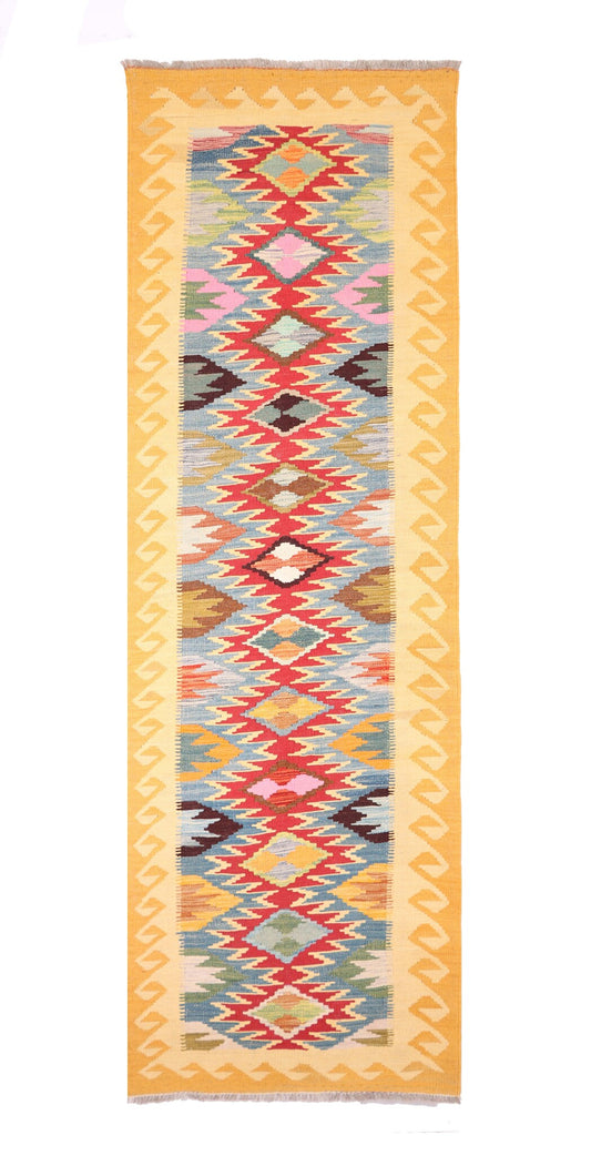 Kelim Läufer Gelb mit bunten Rauten – 302 × 83 cm – Gesamtansicht