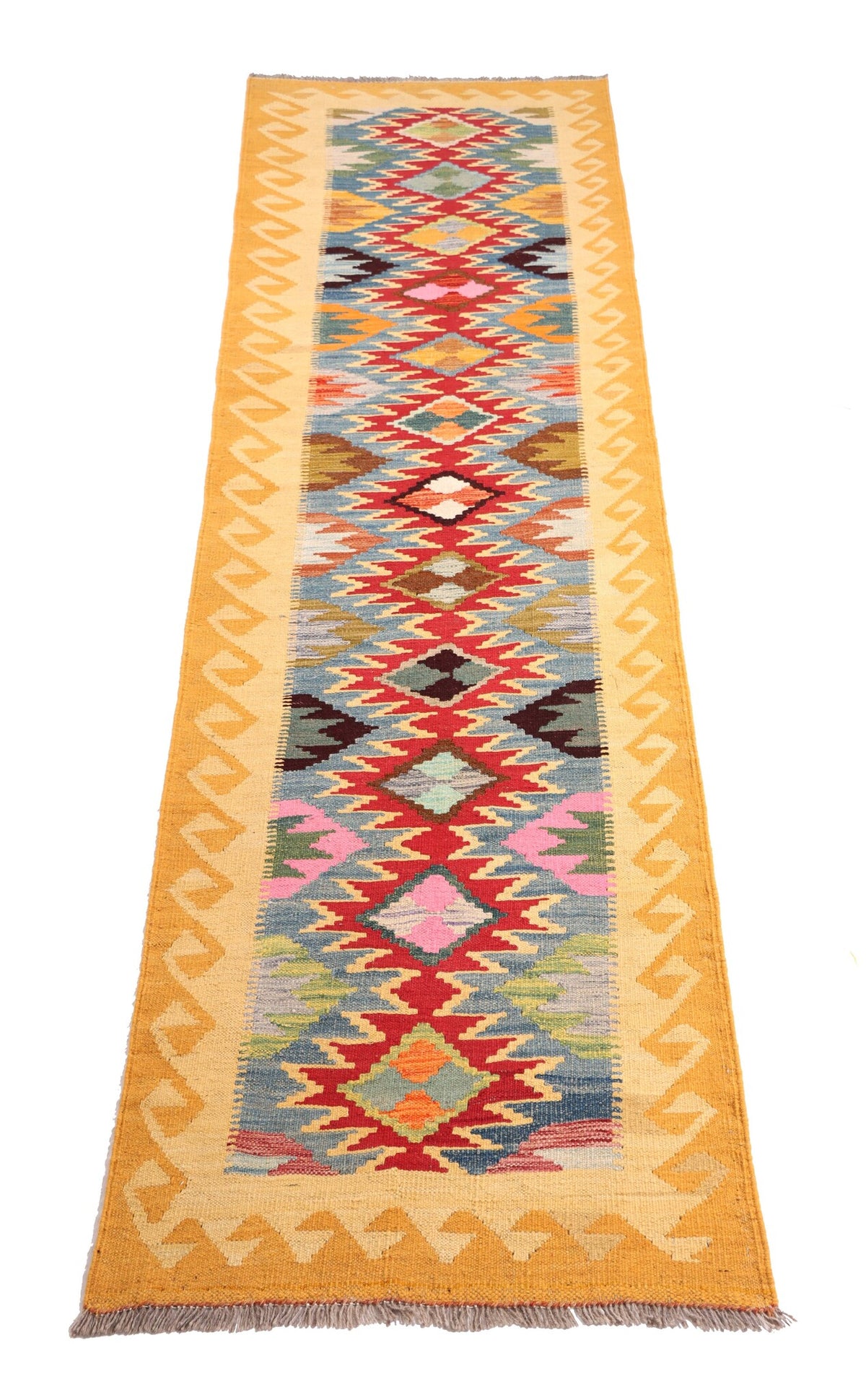 Kelim Läufer Gelb mit bunten Rauten – 302 × 83 cm – Detailansicht 1