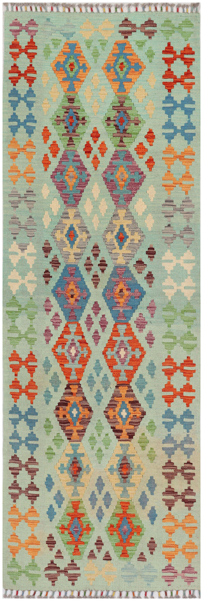 Kelim Läufer Mint mit buntem Muster – 234 × 80 cm – Gesamtansicht