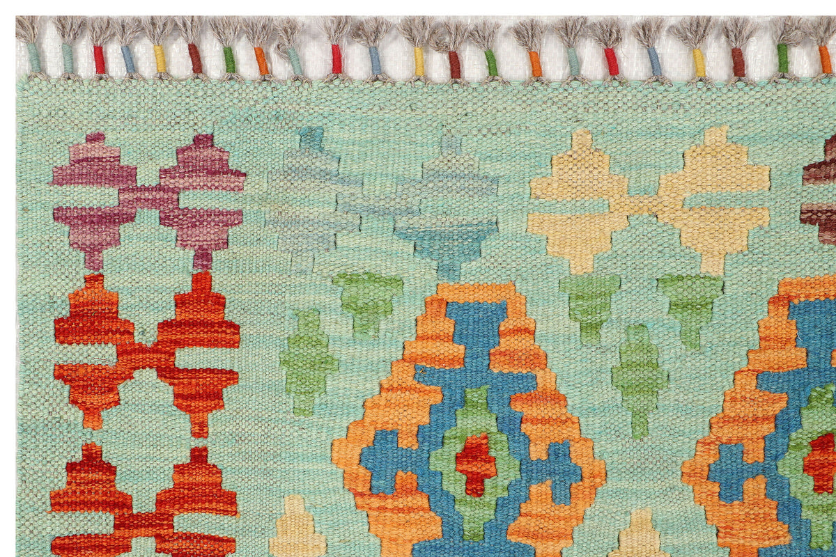 Kelim Läufer Mint mit buntem Muster – 234 × 80 cm – Detailansicht 2