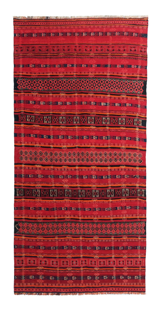 Großer Kelim Teppich Rot-Schwarz mit Streifen – 360 × 171 cm – Gesamtansicht