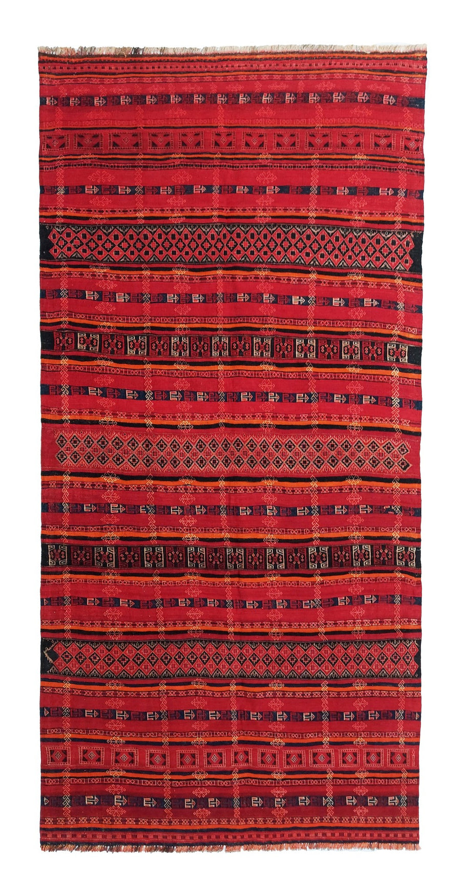Large Red and Black Striped Kilim Rug, 360 × 171 cm — full view
