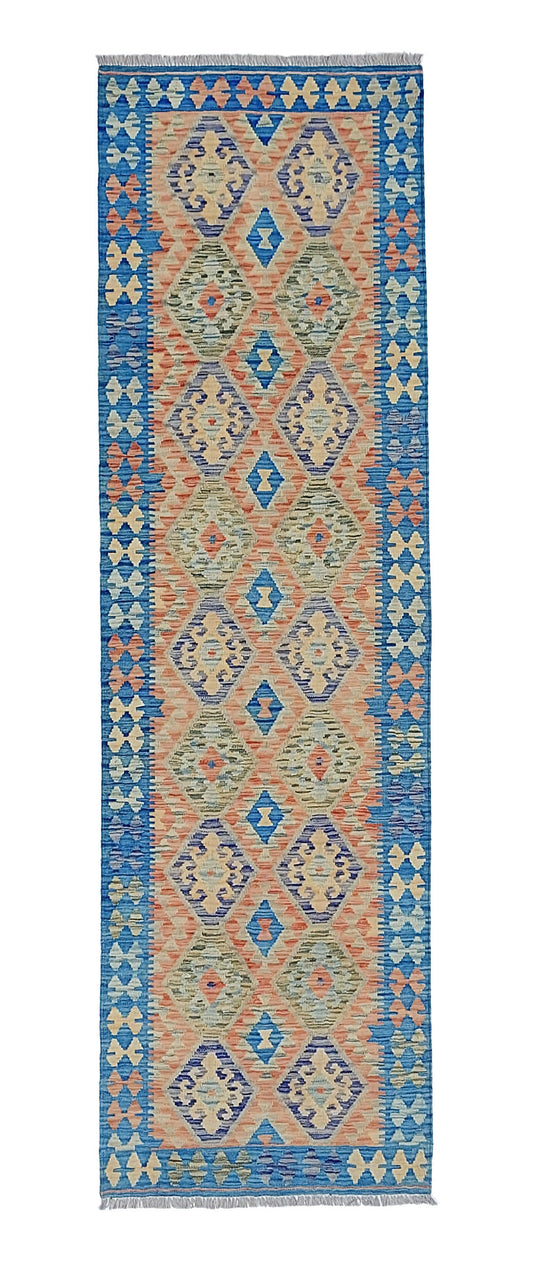 Kelim Läufer Blau mit doppelter Rautenreihe – 296 × 88 cm – Gesamtansicht