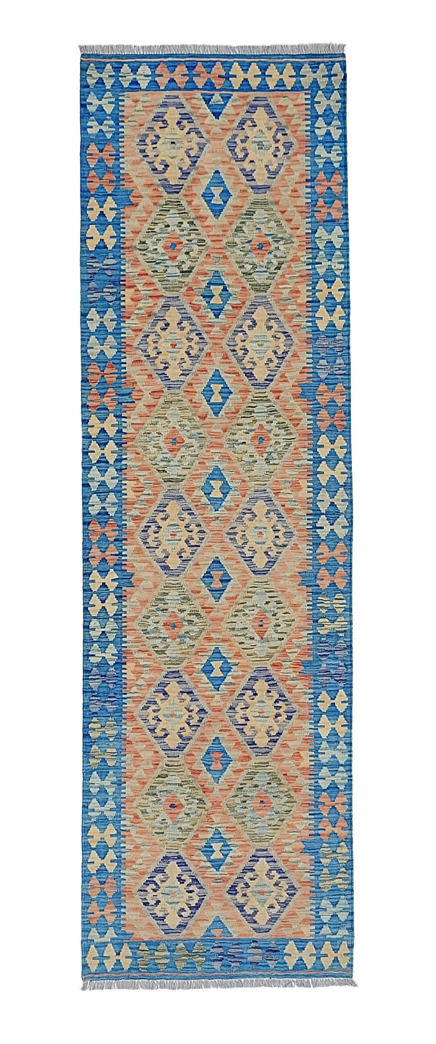 Blue Double Diamond Row Kilim Runner, 296 × 88 cm — full view