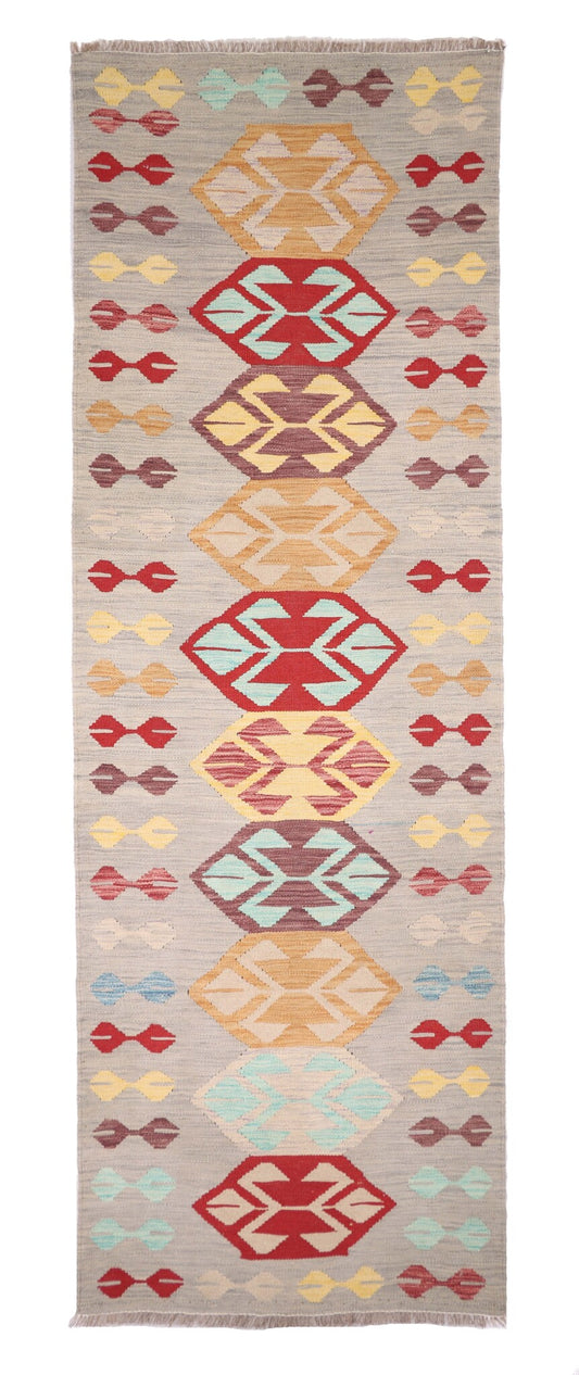 Kelim Läufer Grau mit bunten Medaillons – 246 × 80 cm – Gesamtansicht