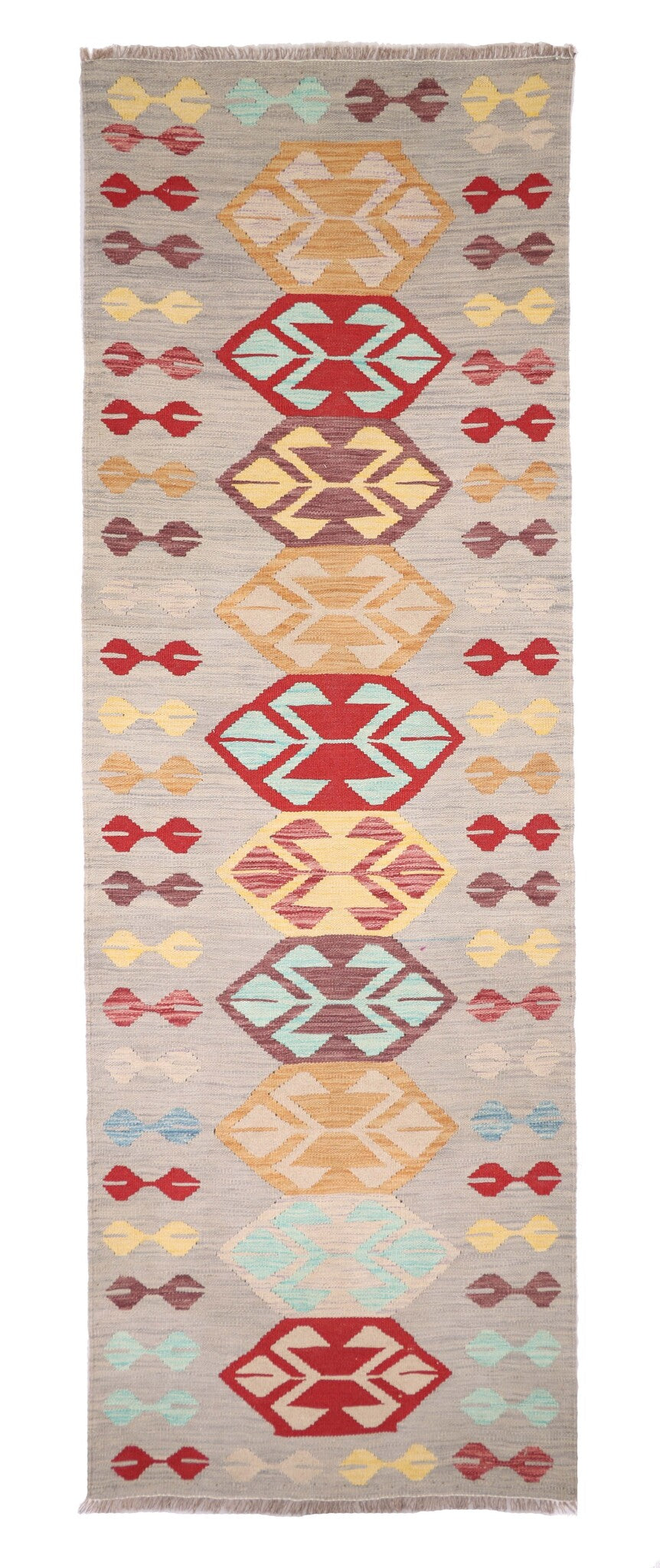 Gray Kilim Runner with Colorful Medallions, 246 × 80 cm — full view