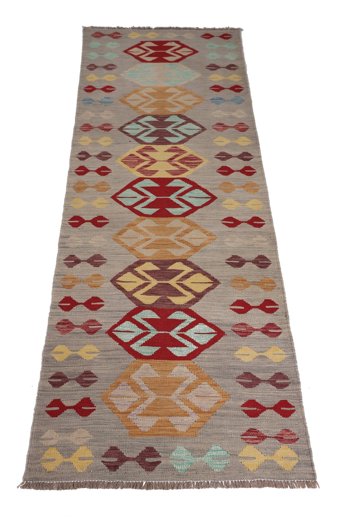 Kelim Läufer Grau mit bunten Medaillons – 246 × 80 cm – Detailansicht 1