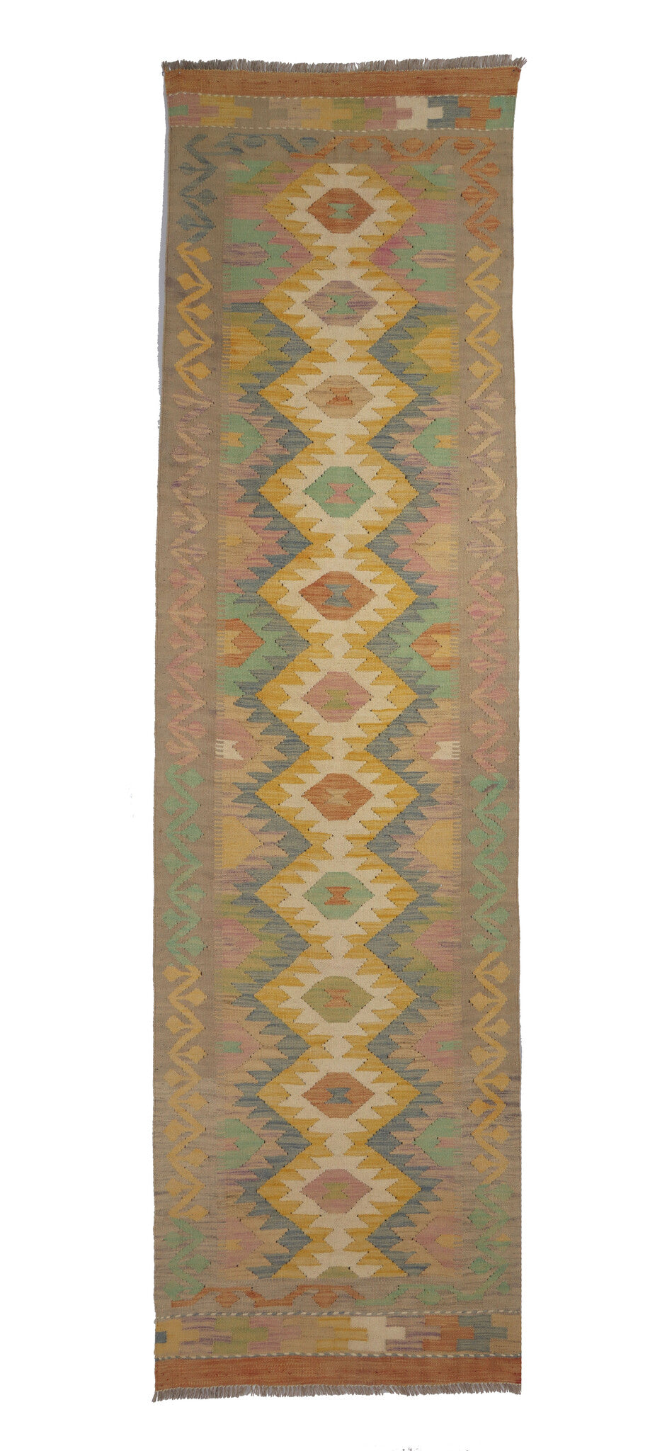 Kelim Läufer Beige mit pastellfarbener Rautenkette – 295 × 81 cm – Gesamtansicht
