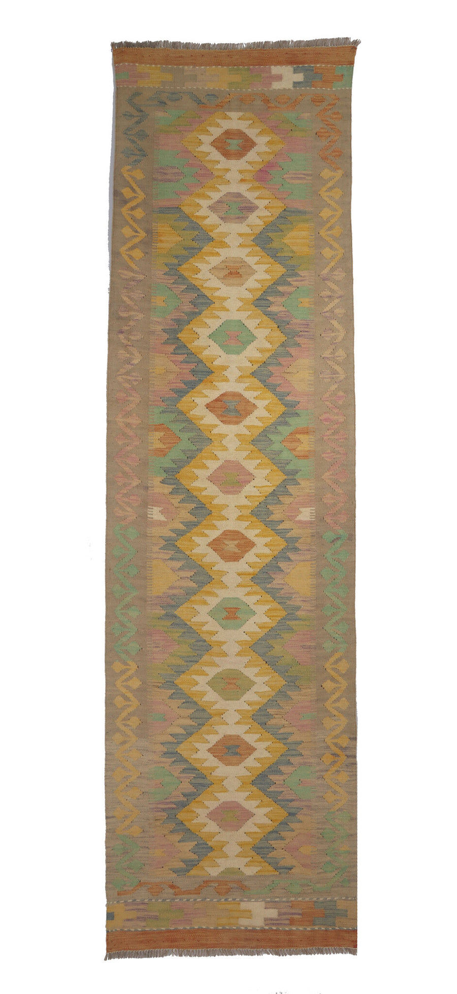 Beige Pastel Diamond Chain Kilim Runner, 295 × 81 cm — full view