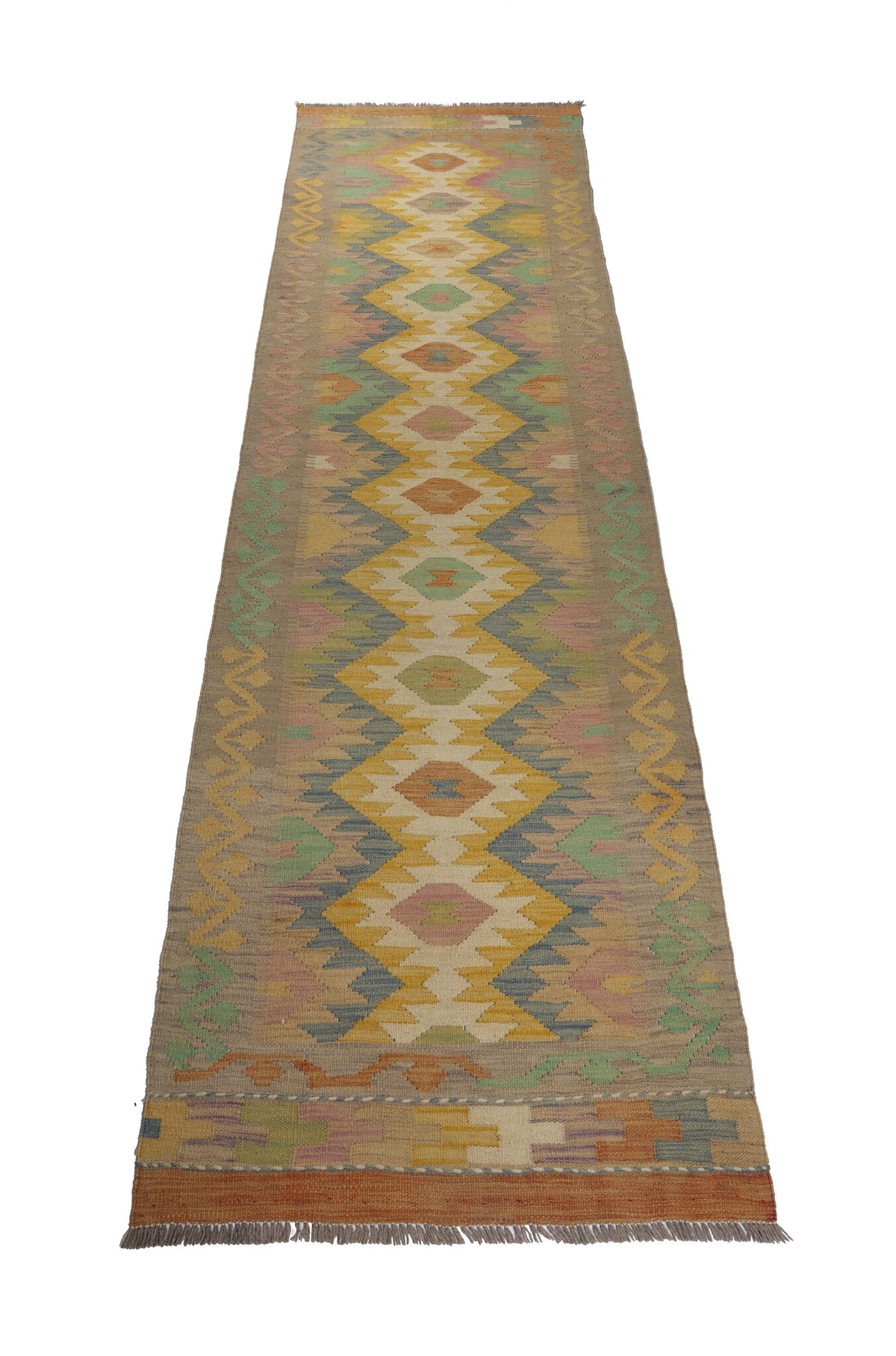 Kelim Läufer Beige mit pastellfarbener Rautenkette – 295 × 81 cm – Detailansicht 1