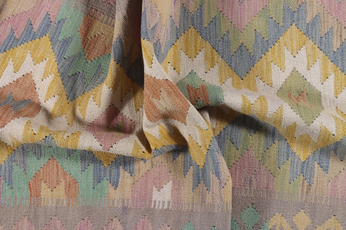 Kelim Läufer Beige mit pastellfarbener Rautenkette – 295 × 81 cm – Detailansicht 5