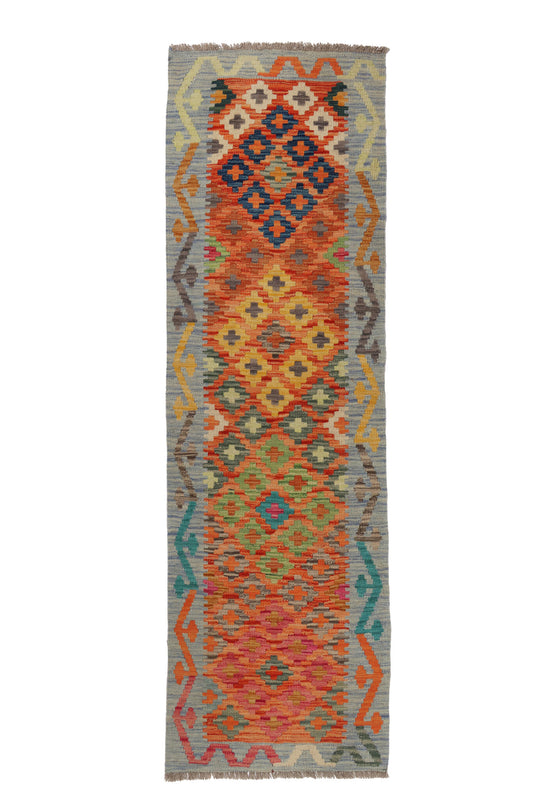 Kelim Läufer Orange-Blau mit Rautenmuster – 200 × 62 cm – Gesamtansicht