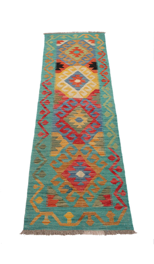 Kelim Läufer Türkis mit großen Rauten – 207 × 58 cm – Gesamtansicht