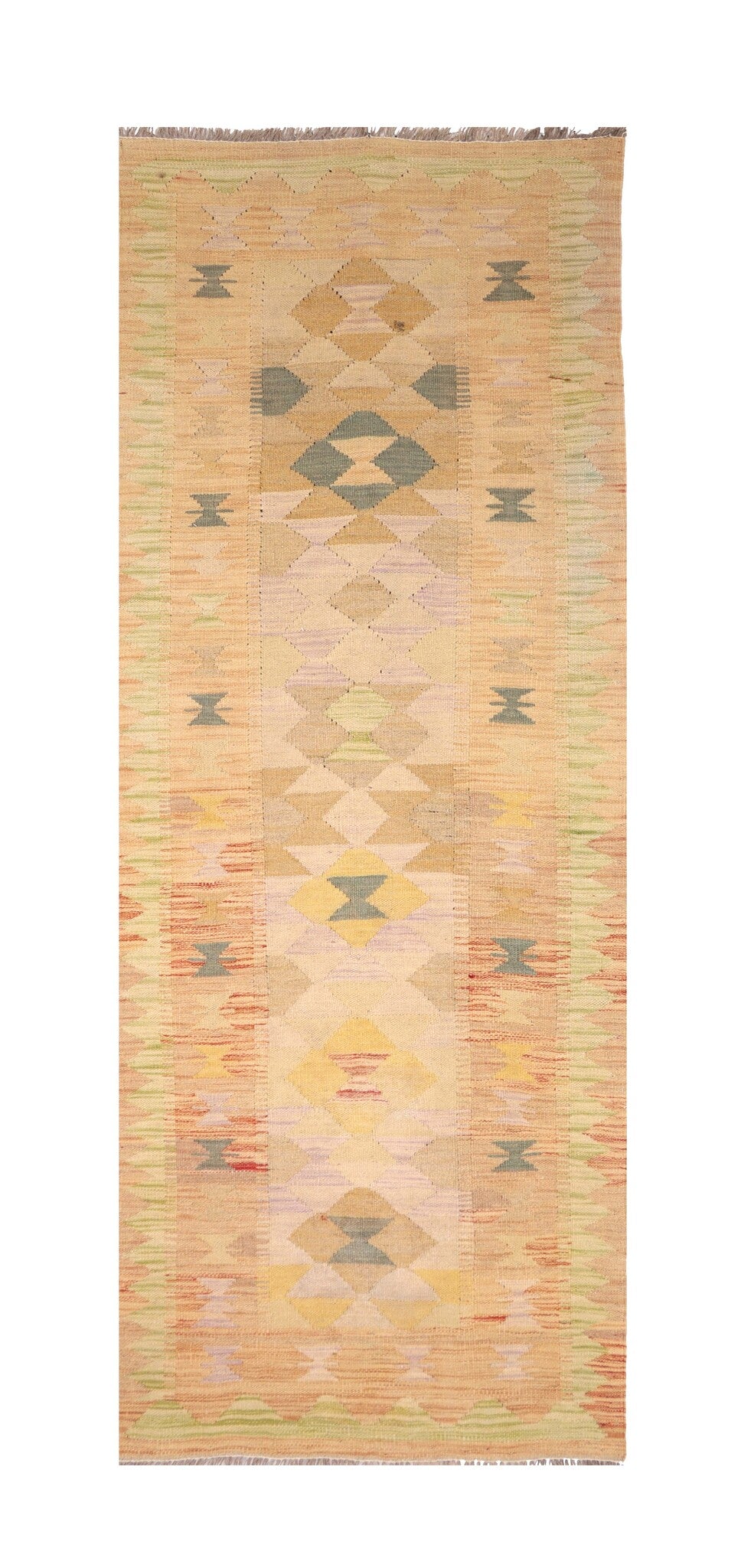 Kelim Läufer Apricot mit pastellfarbenen Rauten – 247 × 82 cm – Gesamtansicht