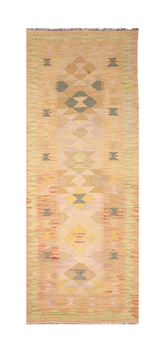 Kelim Läufer Apricot mit pastellfarbenen Rauten – 247 × 82 cm – Gesamtansicht