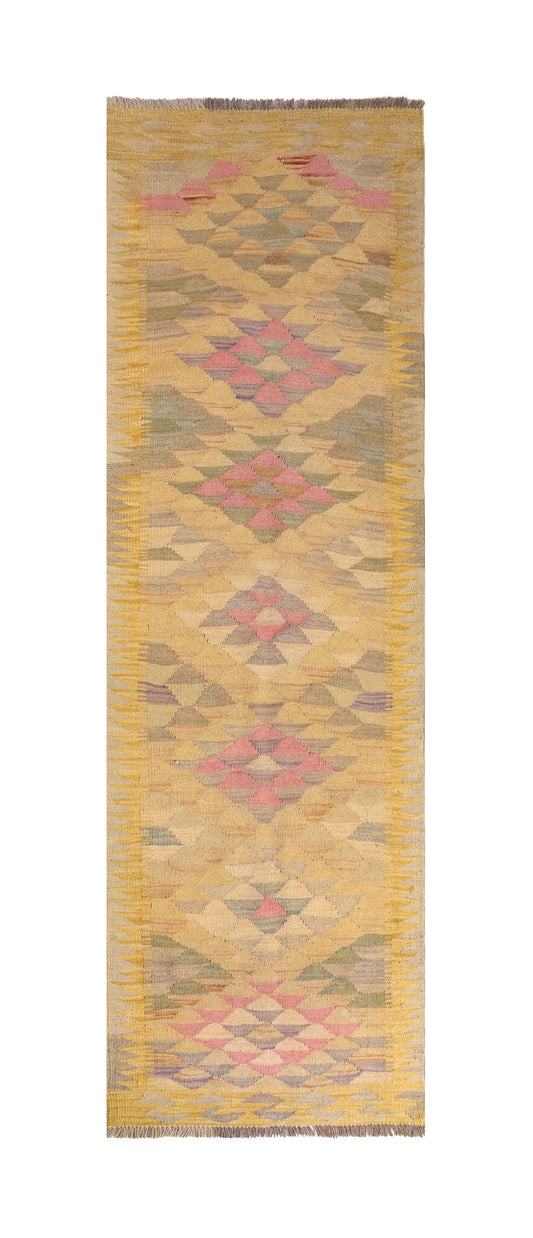 Kelim Läufer Gelb mit rosa Pastellrauten – 202 × 68 cm – Gesamtansicht