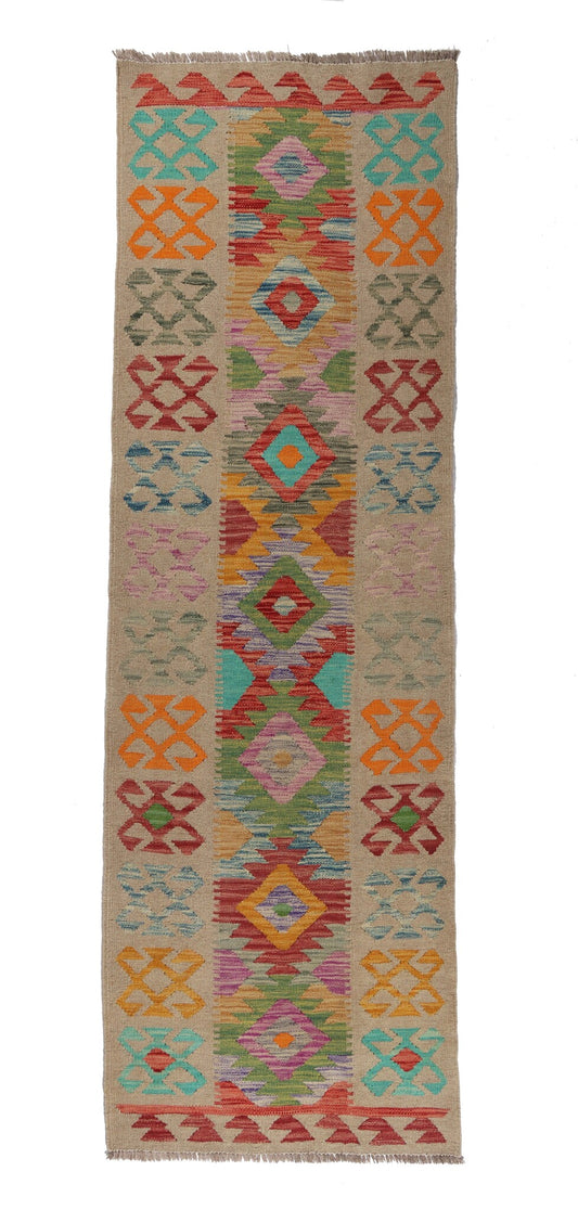 Kelim Läufer Beige mit bunten Ornamenten – 200 × 65 cm – Gesamtansicht