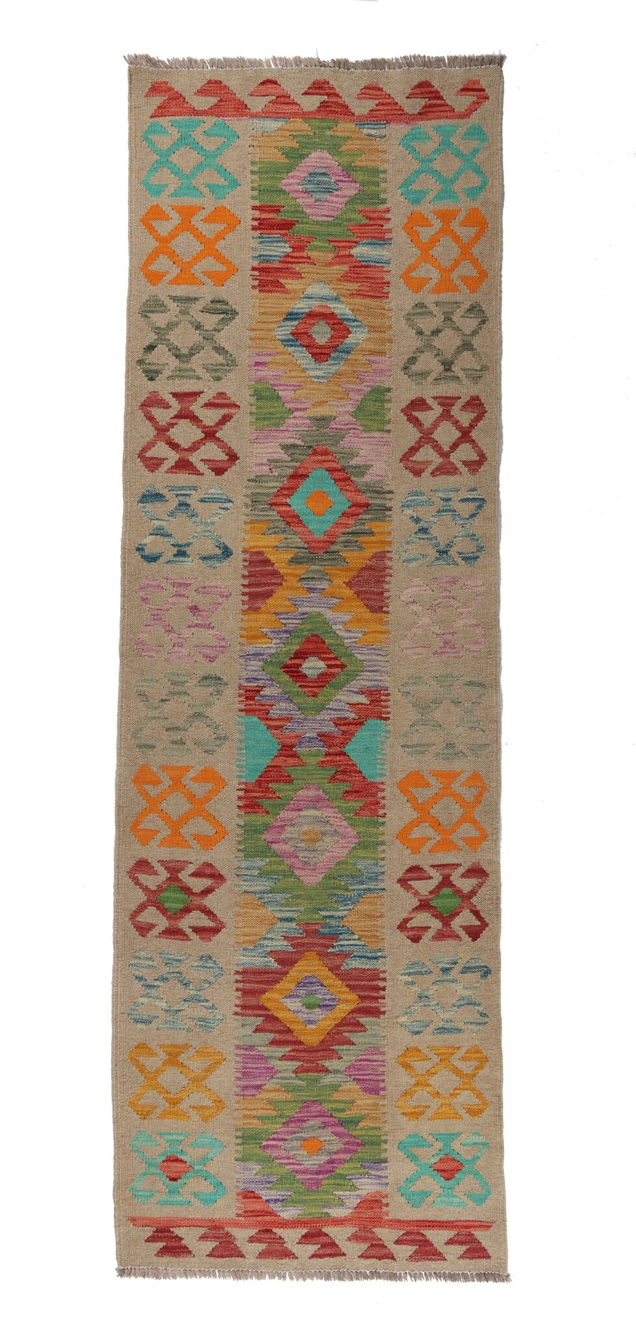 Beige Kilim Runner with Colorful Motifs, 200 × 65 cm — full view