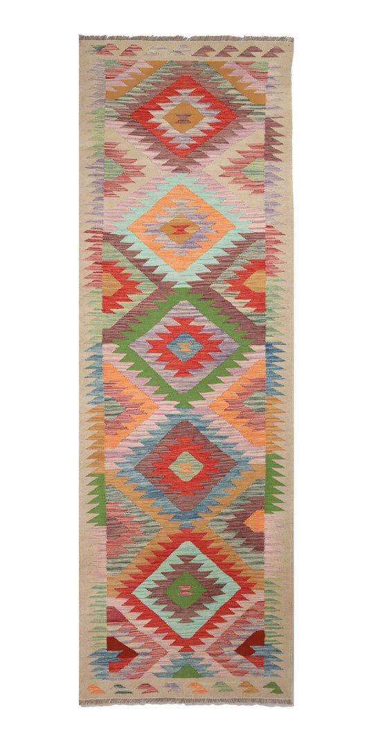 Kelim Läufer mit bunten Zackenrauten – 295 × 80 cm – Gesamtansicht