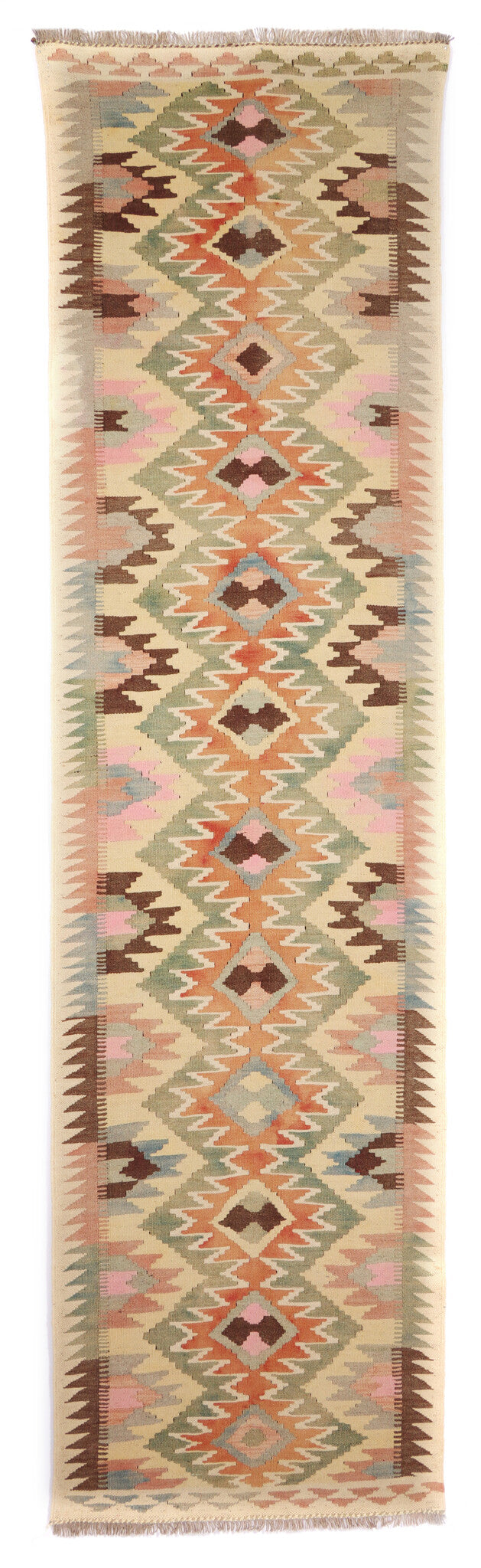 Cream Earth Tone Diamond Kilim Runner, 286 × 76 cm — full view