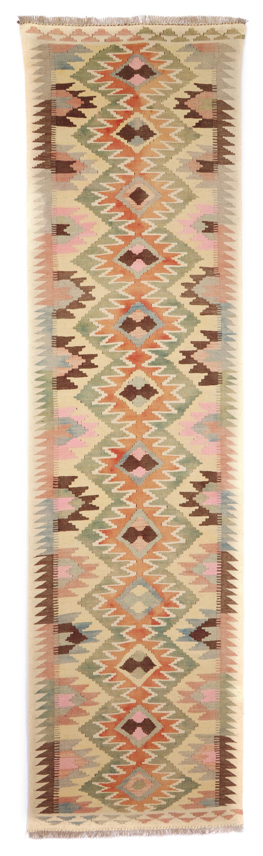 Kelim Läufer Creme mit Rauten in Erdtönen – 286 × 76 cm – Gesamtansicht