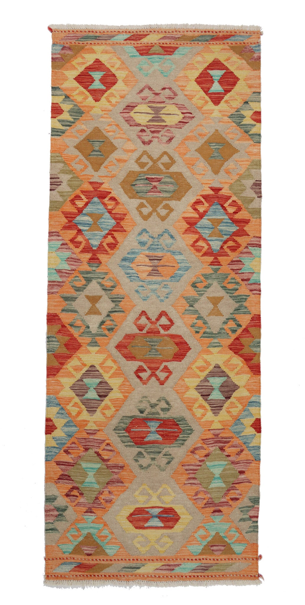 Orange Kilim Runner with Colorful Diamonds, 208 × 76 cm — full view