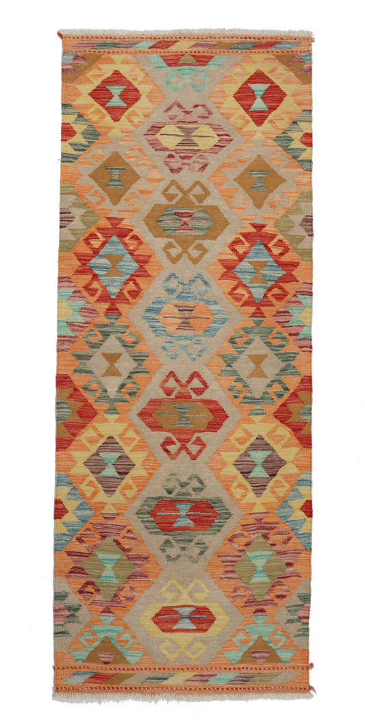 Kelim Läufer Orange mit bunten Rauten – 208 × 76 cm – Gesamtansicht