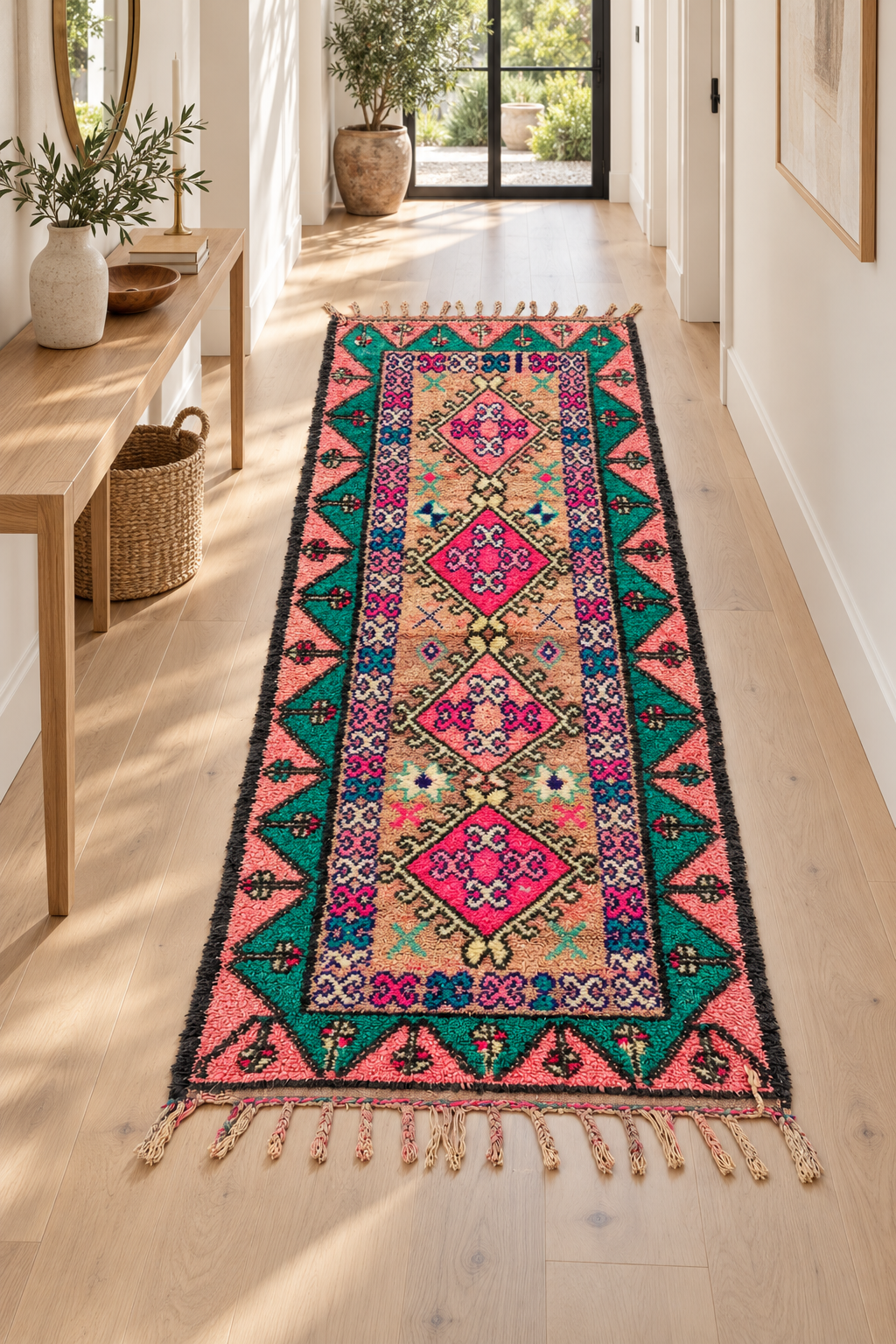 Vintage Läufer Rosa Grün mit Medaillons – 346 × 160 cm – KI-Rauminspiration im Flur.