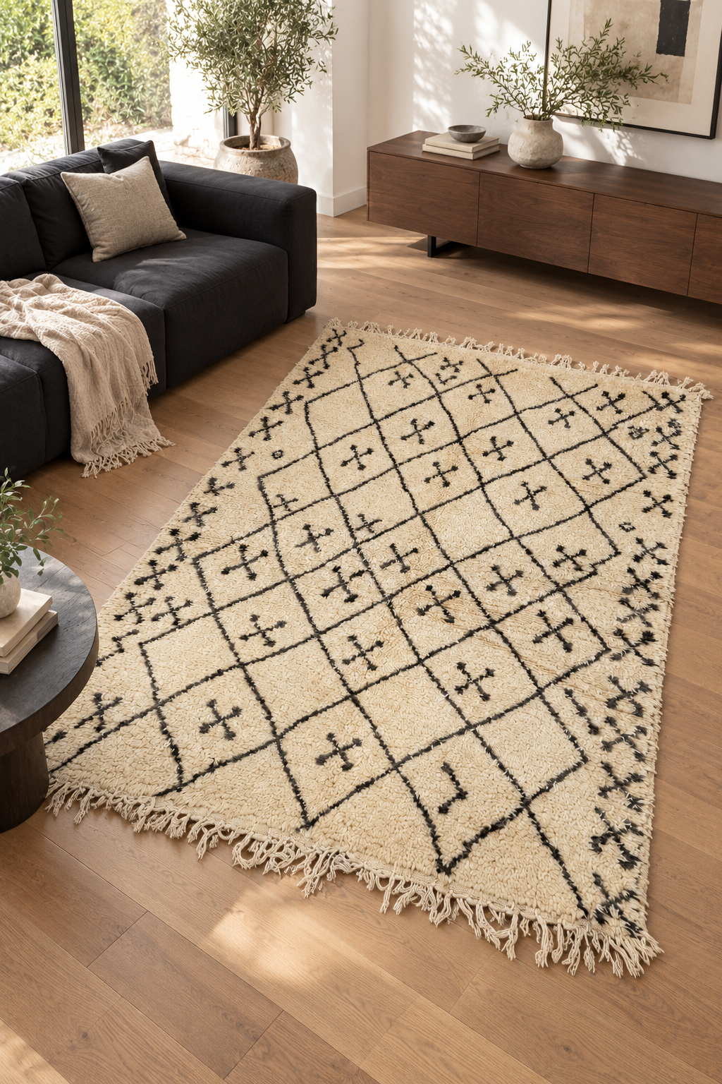 AI-generated room inspiration: Cream and Black Vintage Moroccan Rug with Diamond Grid, 255 × 170 cm.