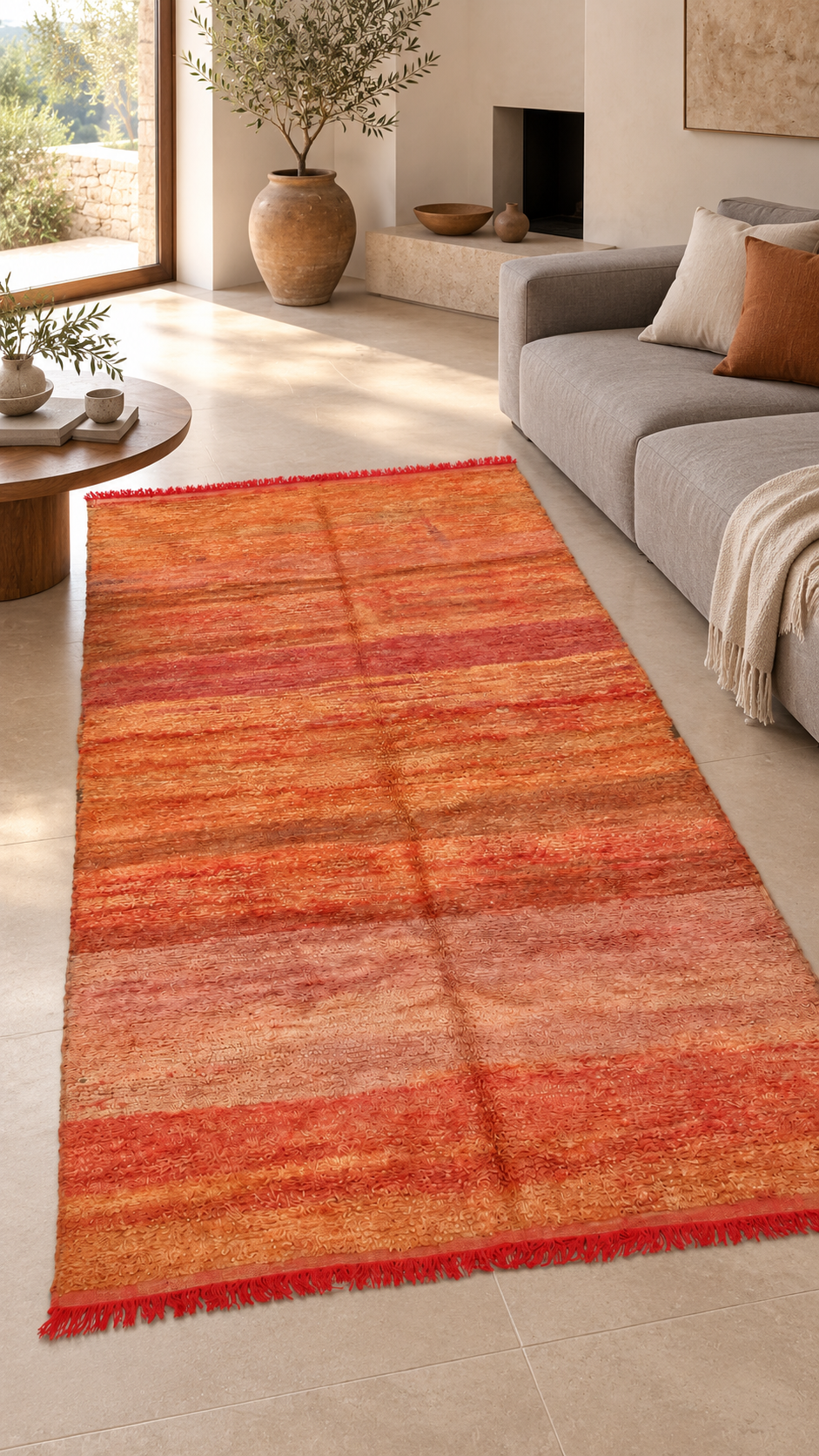 AI-generated room inspiration: Apricot Vintage Moroccan Rug with Red Crosswise Stripes, 290 × 162 cm.