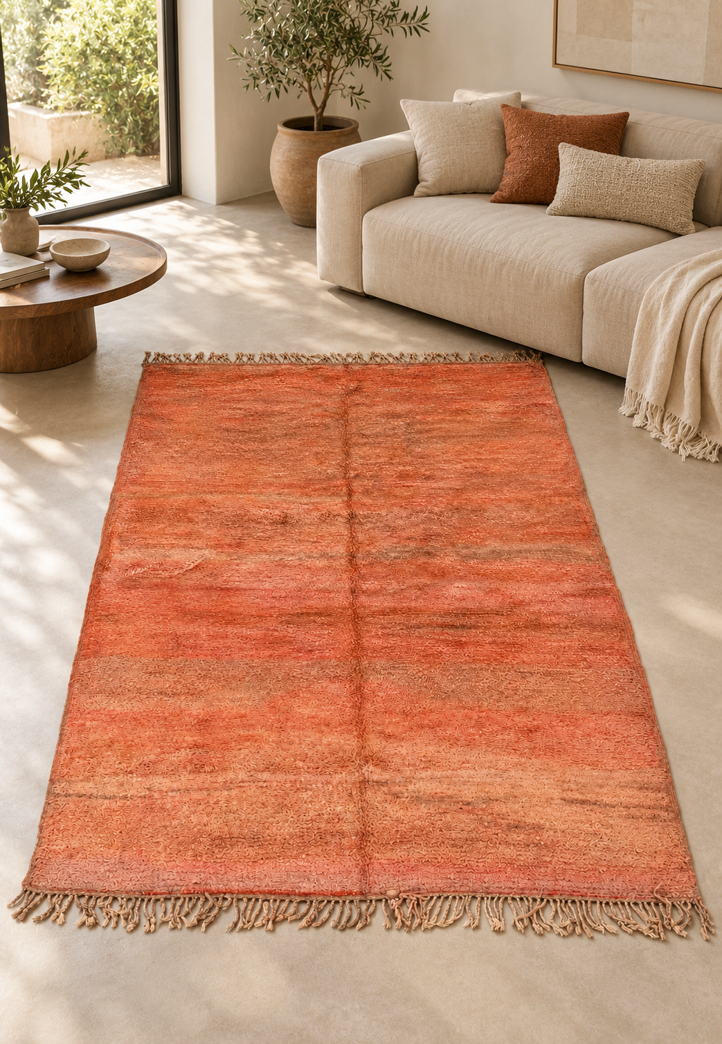 AI-generated room inspiration: Terracotta Vintage Moroccan Rug with Tonal Patina, 250 × 173 cm.