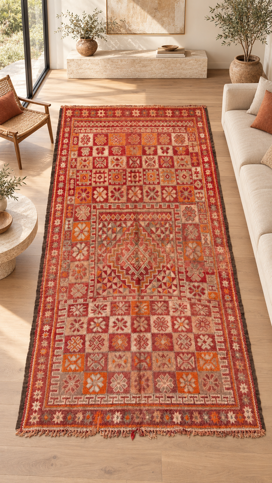 Vintage Teppich Rot Beige mit geometrischen Feldern – 360 × 190 cm – KI-Rauminspiration im modernen Wohnzimmer.