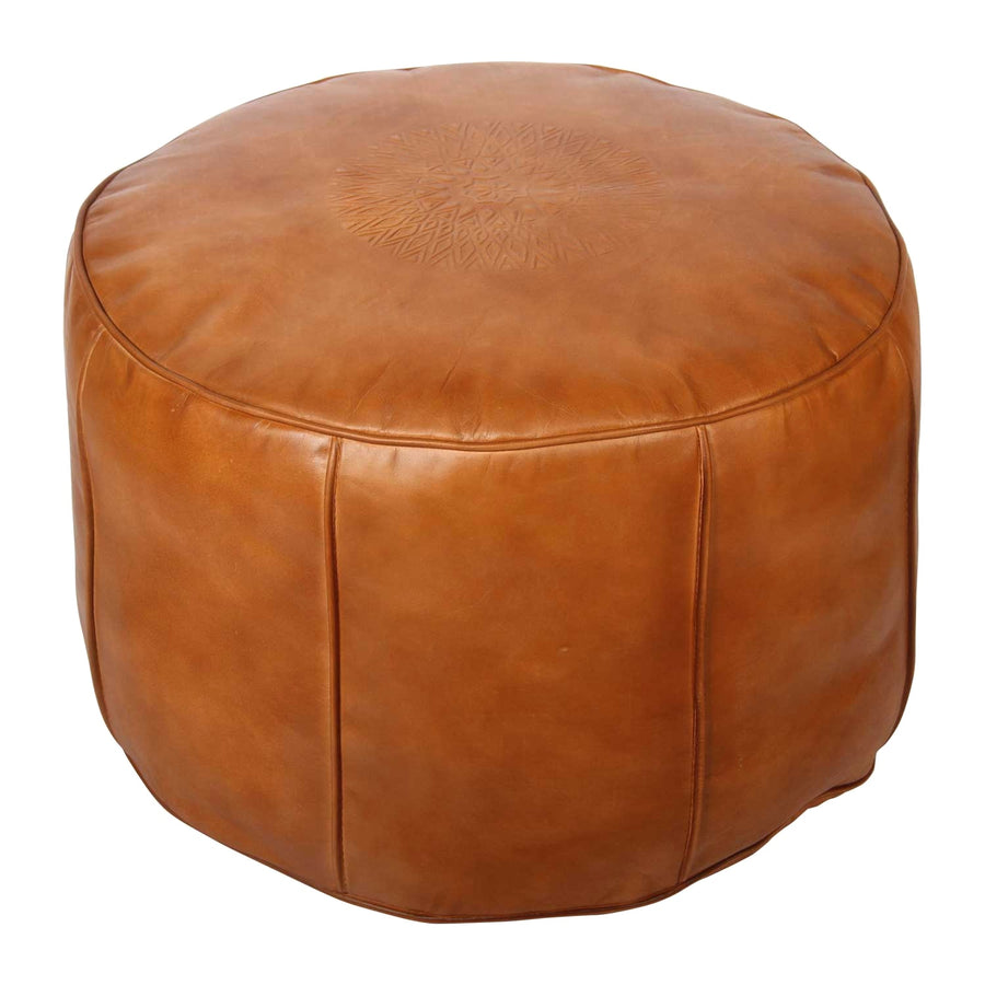 Runder marokkanischer Lederpouf Amani Orange – Gesamtansicht