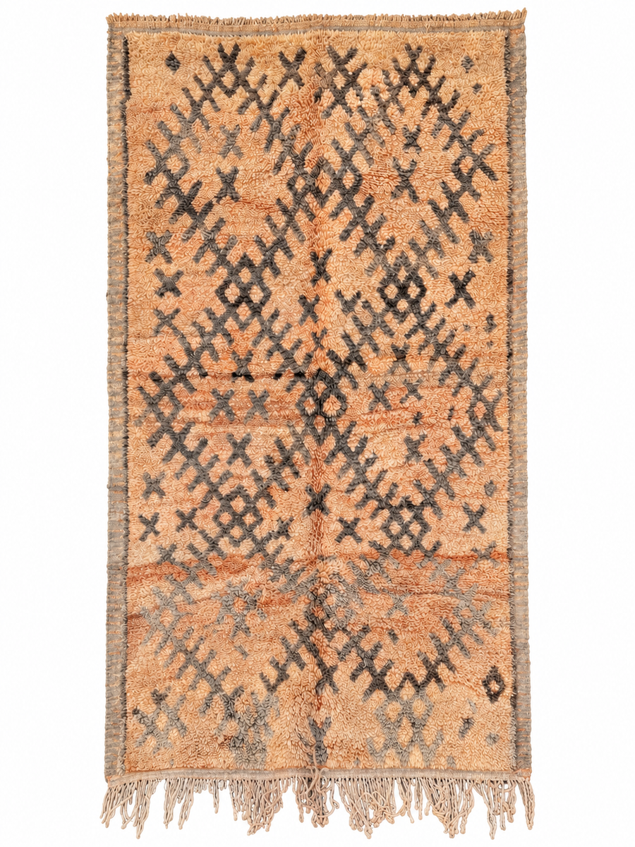 Full view of the natural-toned vintage Moroccan rug, 300 × 160 cm, with dark diamonds and light fringe.