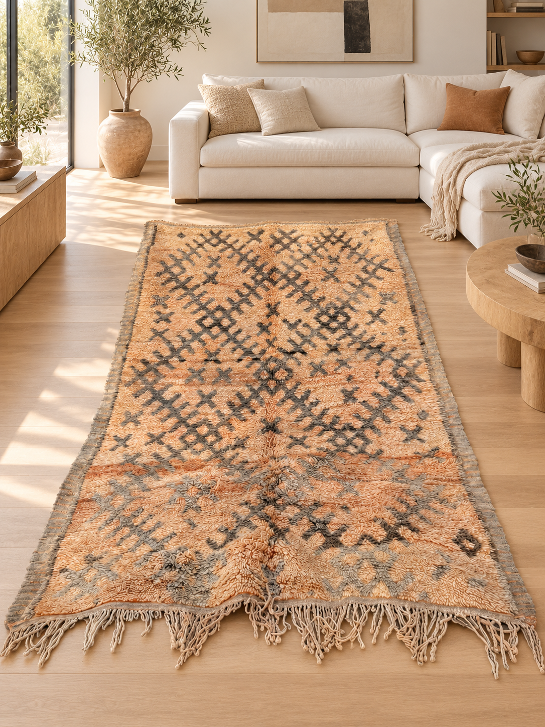 Naturfarbener Vintage-Teppich mit dunklen Rauten, 300 × 160 cm, im hellen modernen Wohnzimmer – KI-Rauminspiration, Ansicht 1.