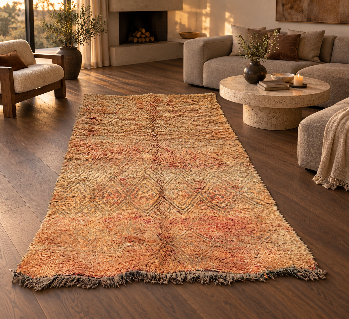 Beiger Vintage-Teppich mit verblasstem Rautenmuster im Wohnzimmer – KI-Rauminspiration, Ansicht 2.