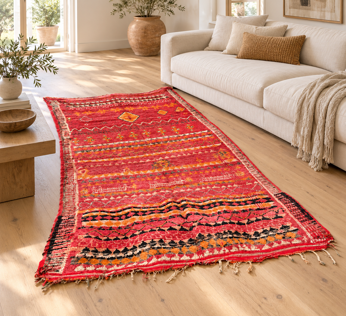 Roter Vintage-Teppich mit orangefarbenen Rauten in einem modernen Wohnzimmer – KI-Rauminspiration, Ansicht 1.