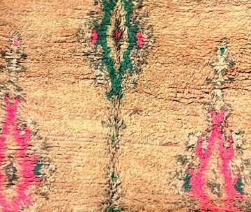 Detail of Beige Vintage Moroccan Rug with Pink and Green Motifs, 410 × 260 cm.