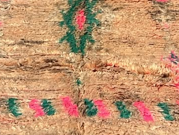 Detail of Beige Vintage Moroccan Rug with Pink and Green Motifs, 410 × 260 cm.