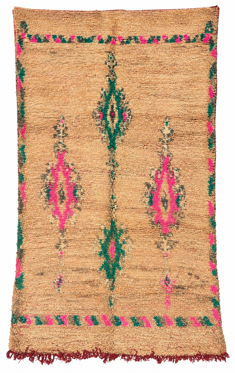 Beige Vintage Moroccan Rug with Pink and Green Motifs, 410 × 260 cm.