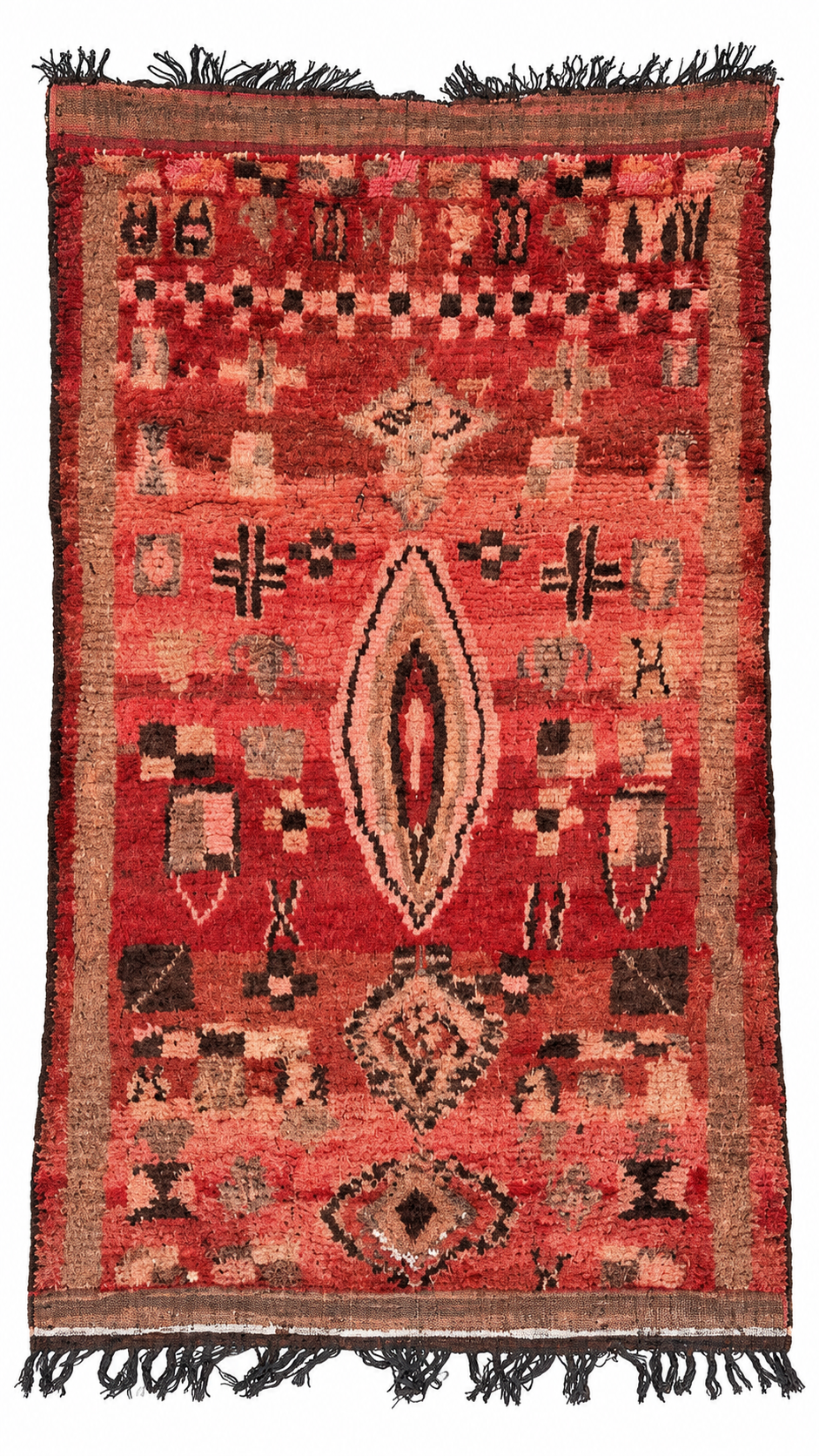 Vintage Berberteppich Korallrot mit dunklen Symbolen – 286 × 156 cm – Gesamtansicht