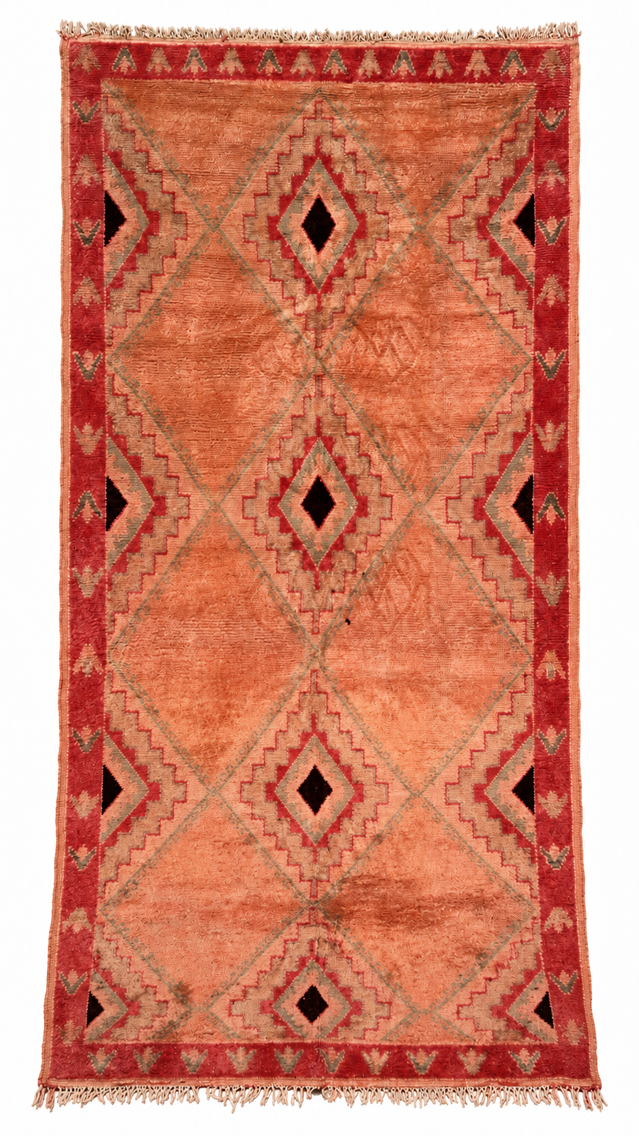 Salmon Pink Vintage Moroccan Rug with Dark Diamonds, 370 × 162 cm.