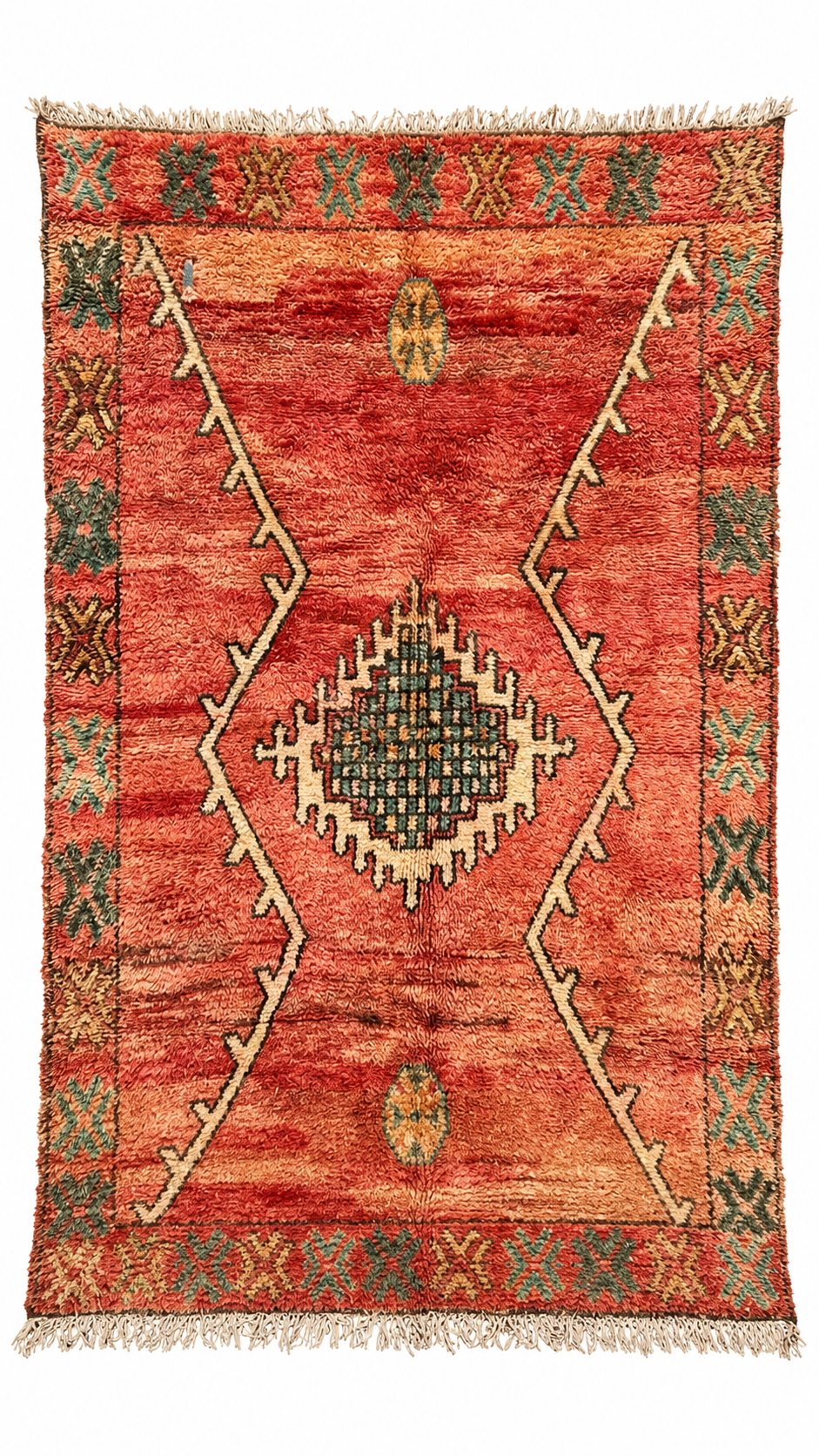 Vintage Berberteppich Korallrot mit heller Linienzeichnung – 280 × 150 cm – Gesamtansicht