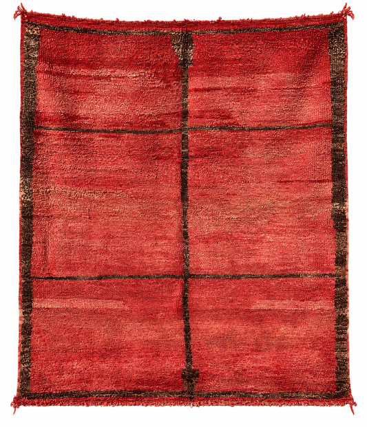 Vintage Berberteppich Rot mit dunklem Linienraster – 245 × 210 cm – Gesamtansicht