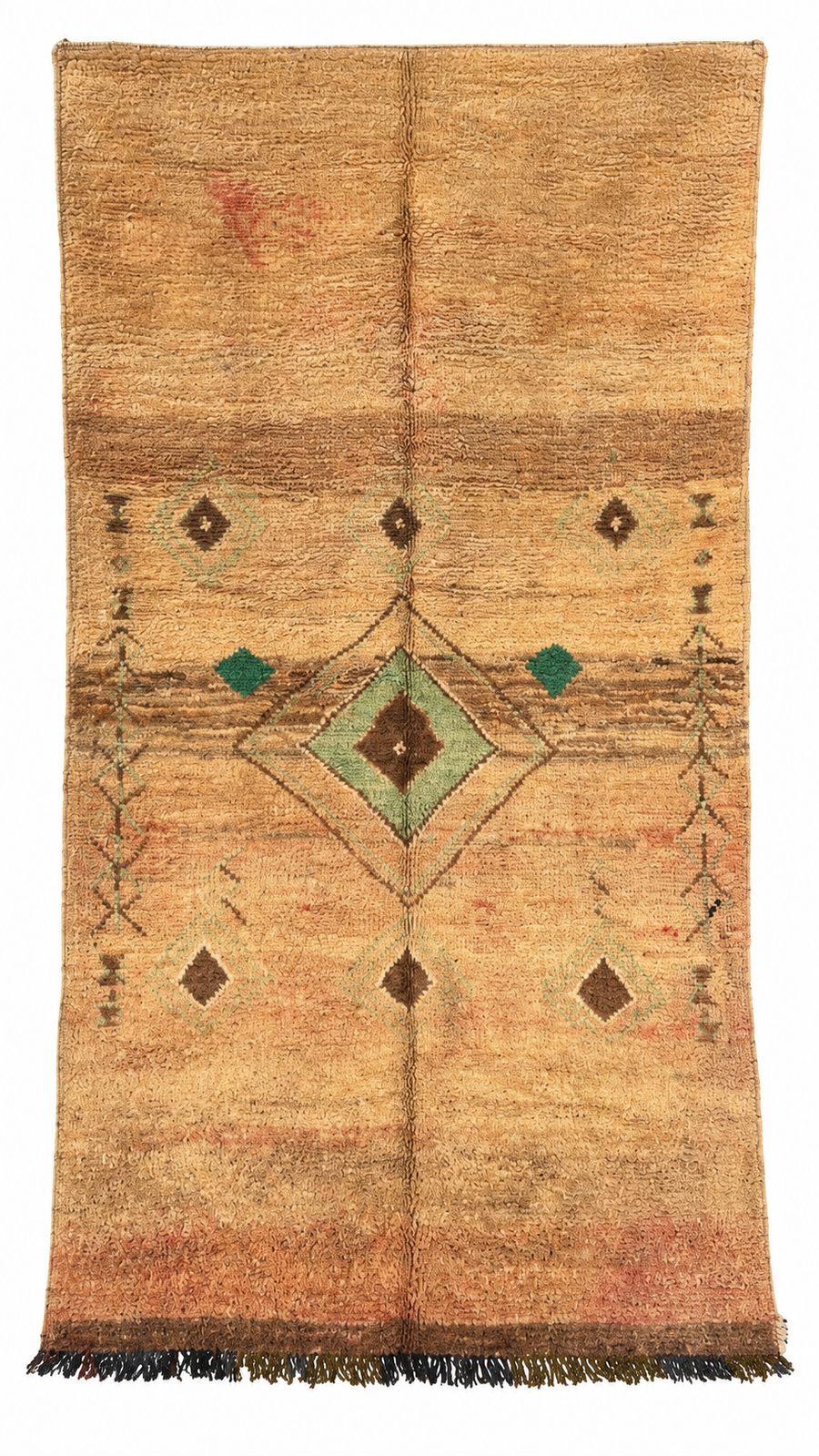 Beige Vintage Moroccan Rug with Green Center Diamond, 290 × 146 cm.