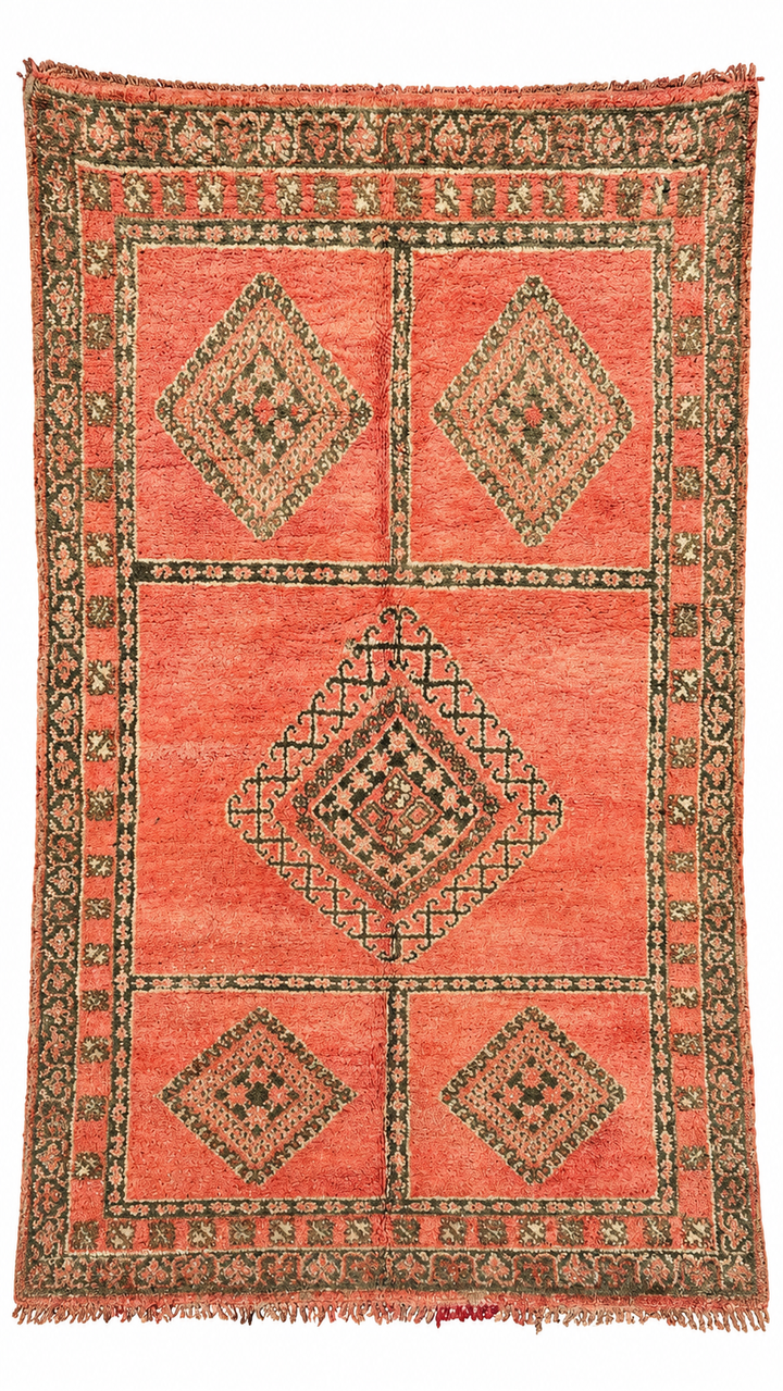 Coral Pink Vintage Moroccan Rug with Olive Diamonds, 354 × 197 cm.